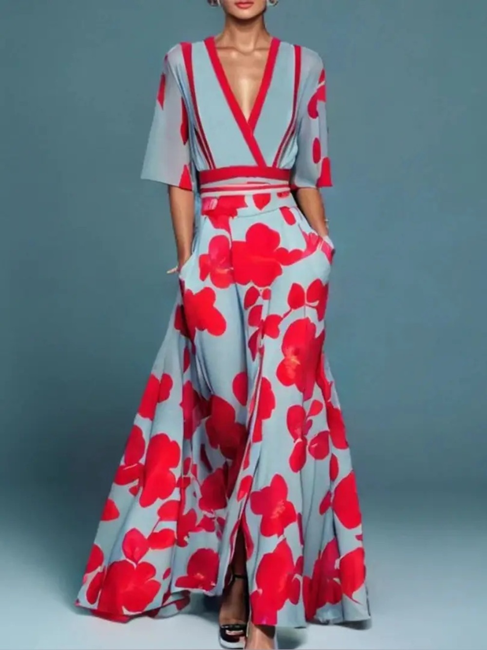 Bold Floral V-Neck Elegant Maxi Dress